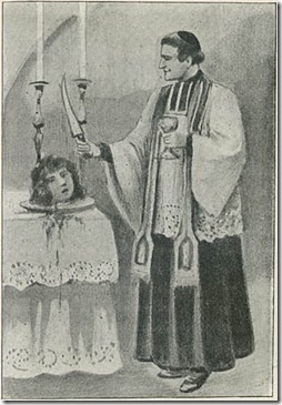 כומר קתולי בעת פולחן של מאגיה שחורה, משתמש בראש כרות של אישה, ייתכן מכשפה - מתוך: Roland Brévannes, L’Orgie Satanique à Travers les Siècles, Paris, Offenstadt, 1904