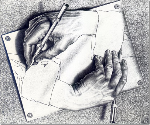 Drawing Hands - Escher. Pic from Wikipedia